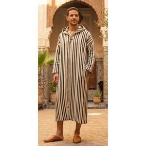 Vintage North African Striped Djellaba Hooded Maxi Tunic Boho Robe Kaftan XL?